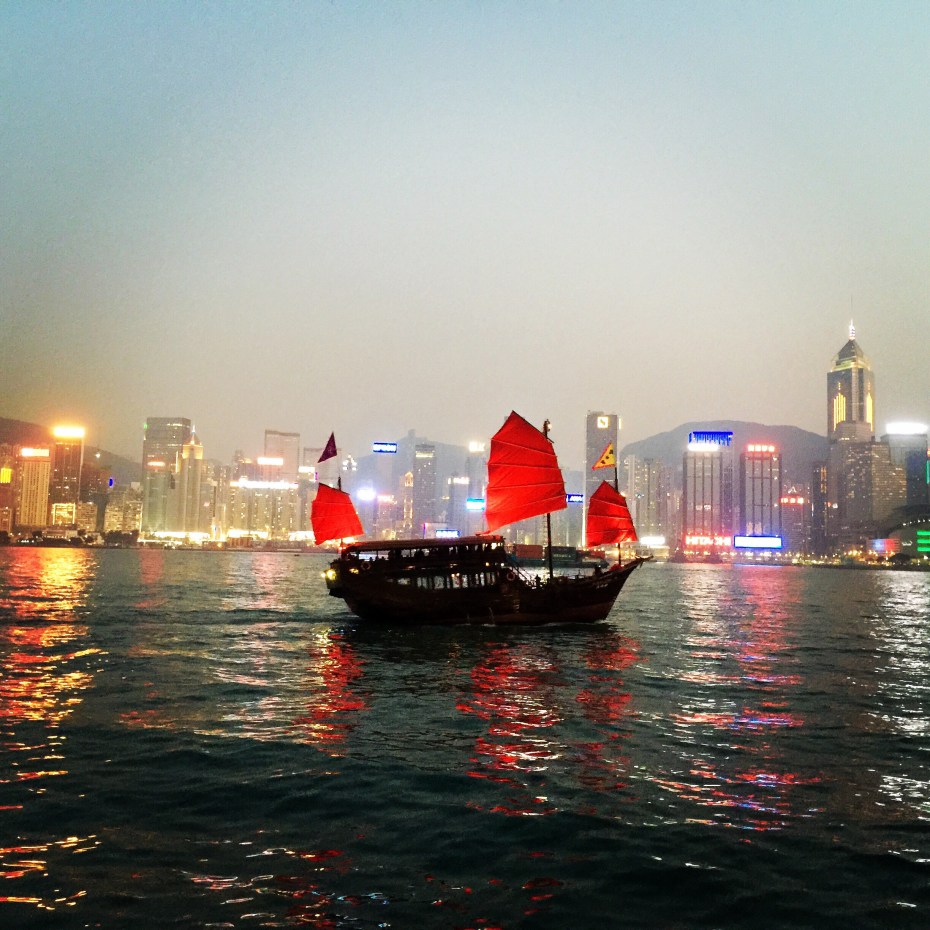 Night falls on Hong Kong Harbor